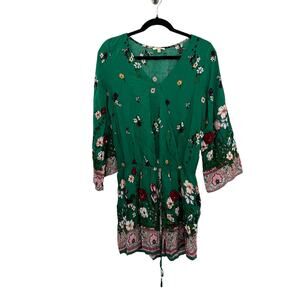 Kori America Womens Romper Floral Long Sleeve Faux Wrap Green M Medium